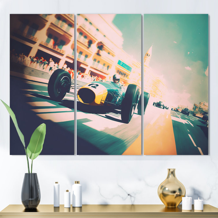 Retro Race Car in Tropical Street Race III - 3 Piece Print on Canvas